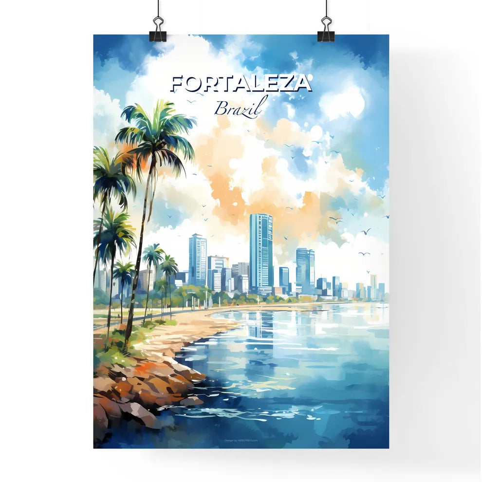 Fortaleza Brazil Skyline - A Watercolor Painting Of A Beach With Palm Trees And Buildings - Customizable Travel Gift Default Title