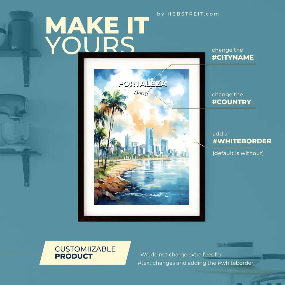 Fortaleza Brazil Skyline - A Watercolor Painting Of A Beach With Palm Trees And Buildings - Customizable Travel Gift Default Title