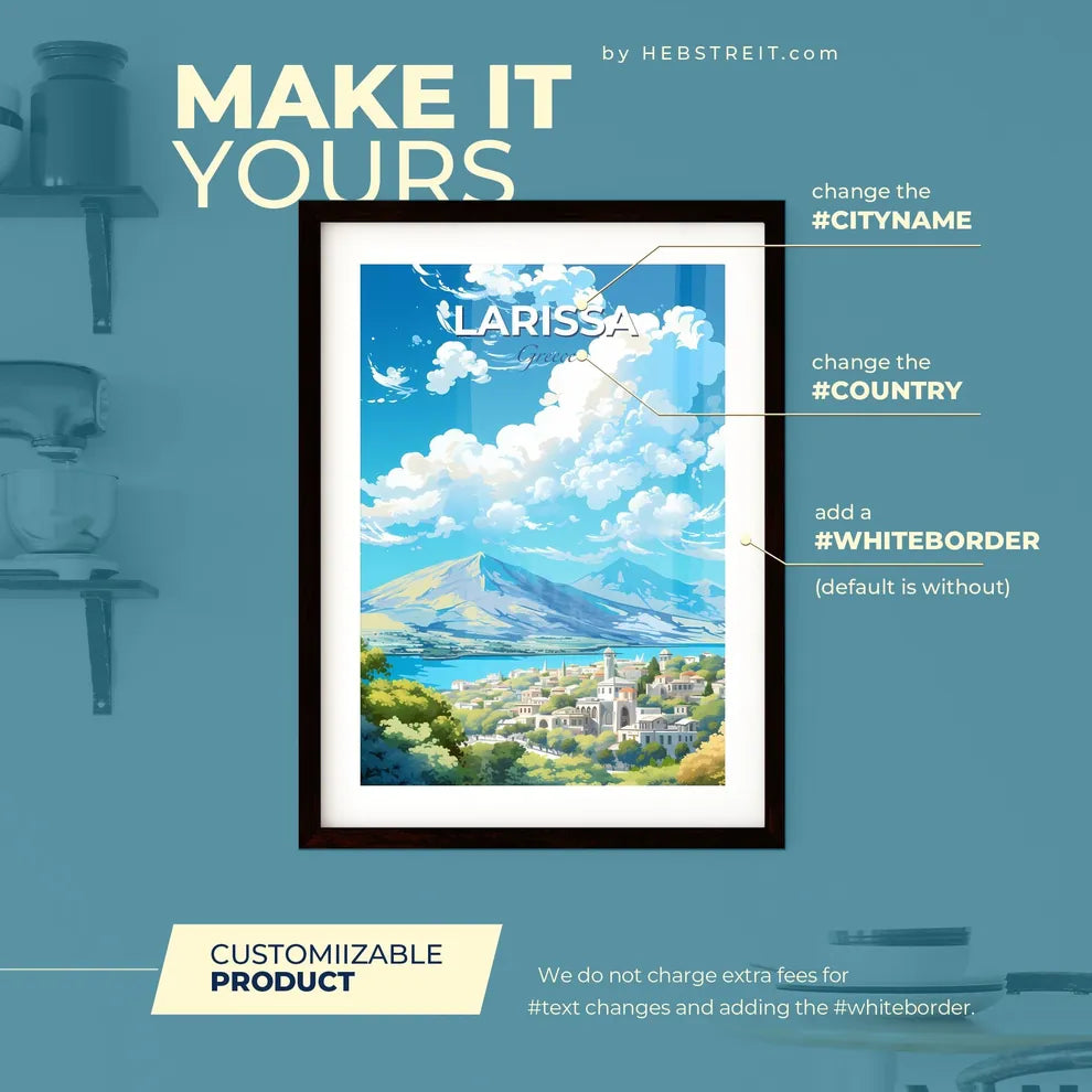 Larissa Greece Skyline - A Landscape Of A Town With A Mountain In The Background - Customizable Travel Gift Default Title