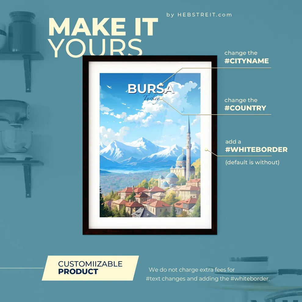 Bursa Turkey Skyline - A City With A Tower And Mountains In The Background - Customizable Travel Gift Default Title