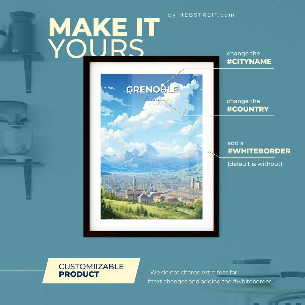 Grenoble France Skyline - A Landscape Of A City With Mountains And Trees - Customizable Travel Gift Default Title