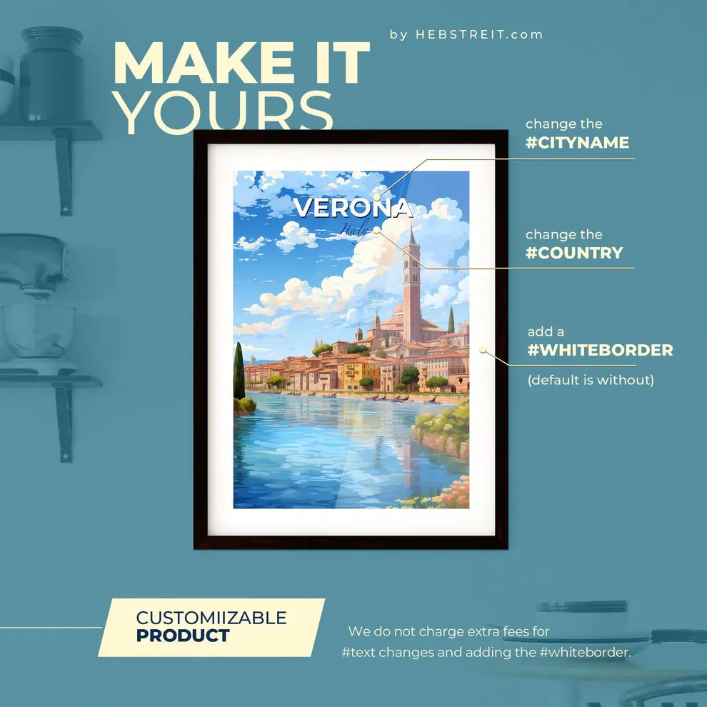 Verona Italy Skyline - A River With A City And Trees - Customizable Travel Gift Default Title