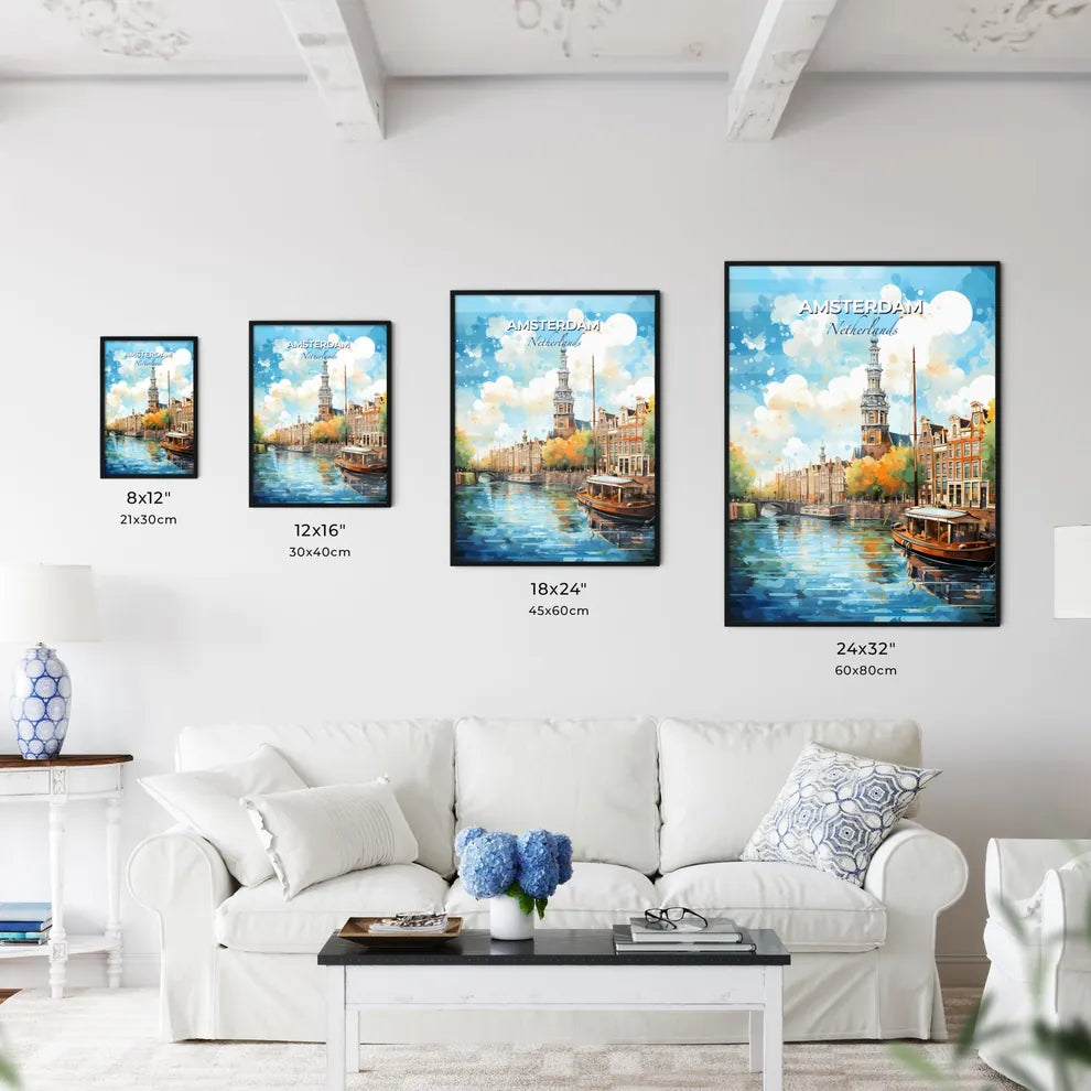 Amsterdam Netherlands Skyline - A Water Canal With Boats And A Tower - Customizable Travel Gift Default Title