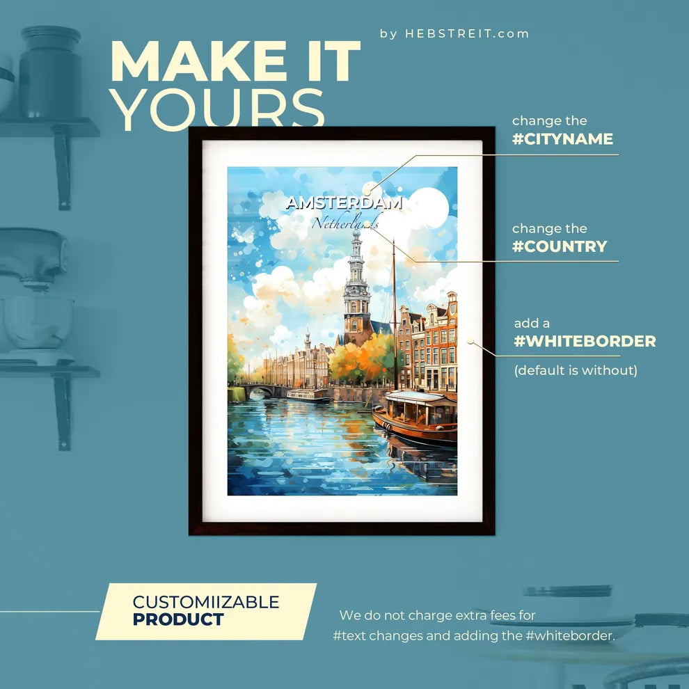 Amsterdam Netherlands Skyline - A Water Canal With Boats And A Tower - Customizable Travel Gift Default Title