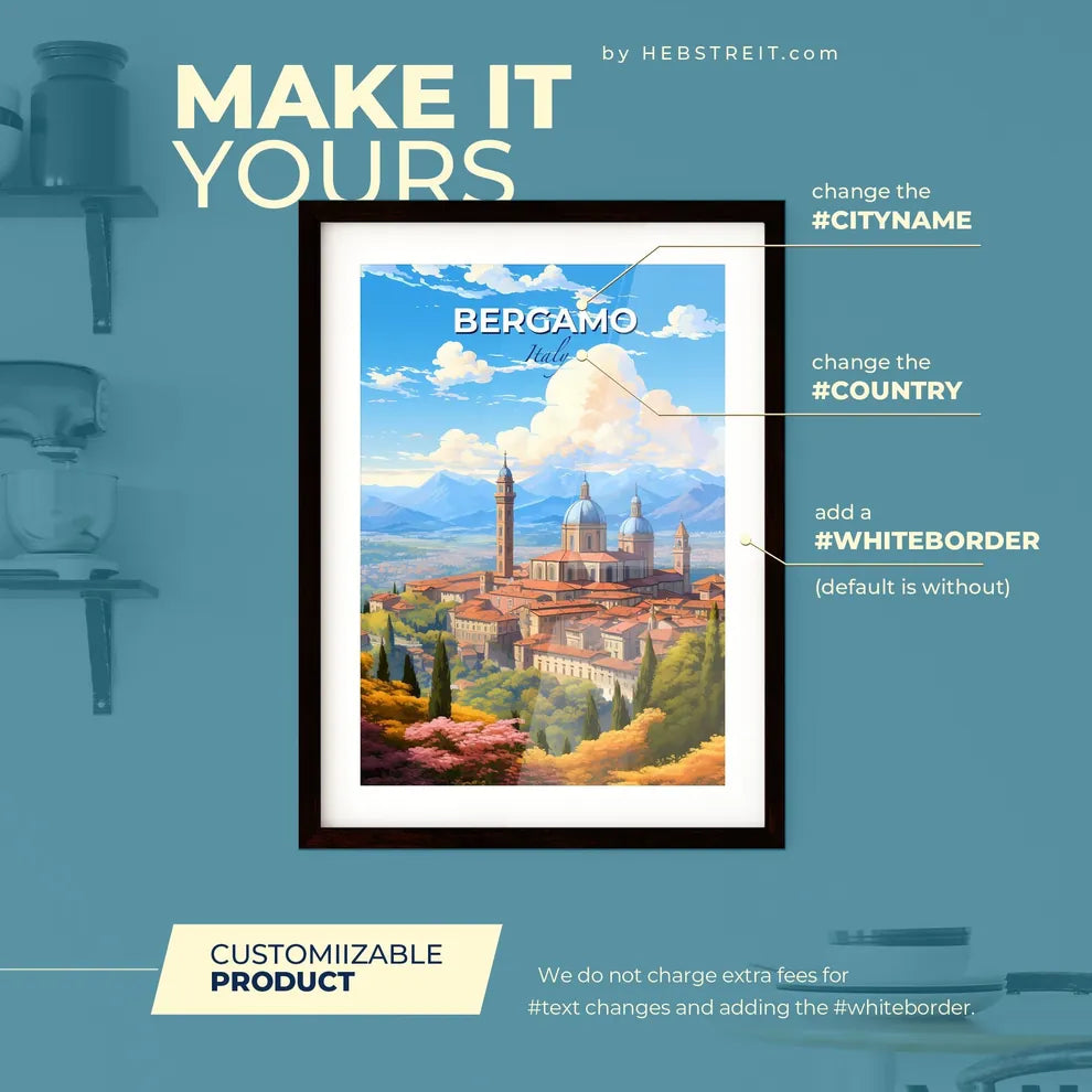 Bergamo Italy Skyline - A Building With Towers And Trees In Front Of Mountains - Customizable Travel Gift Default Title