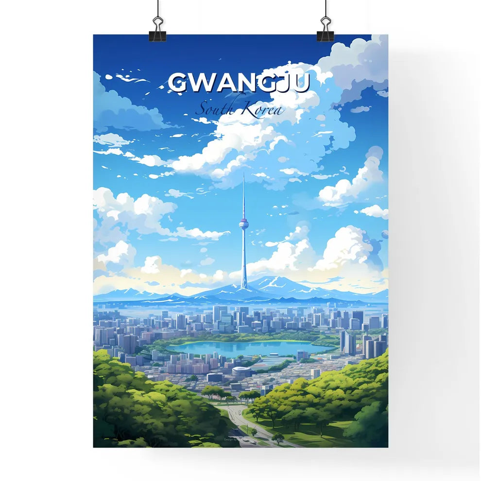 Gwangju South Korea Skyline - A City Landscape With A Tall Tower And A Lake - Customizable Travel Gift Default Title