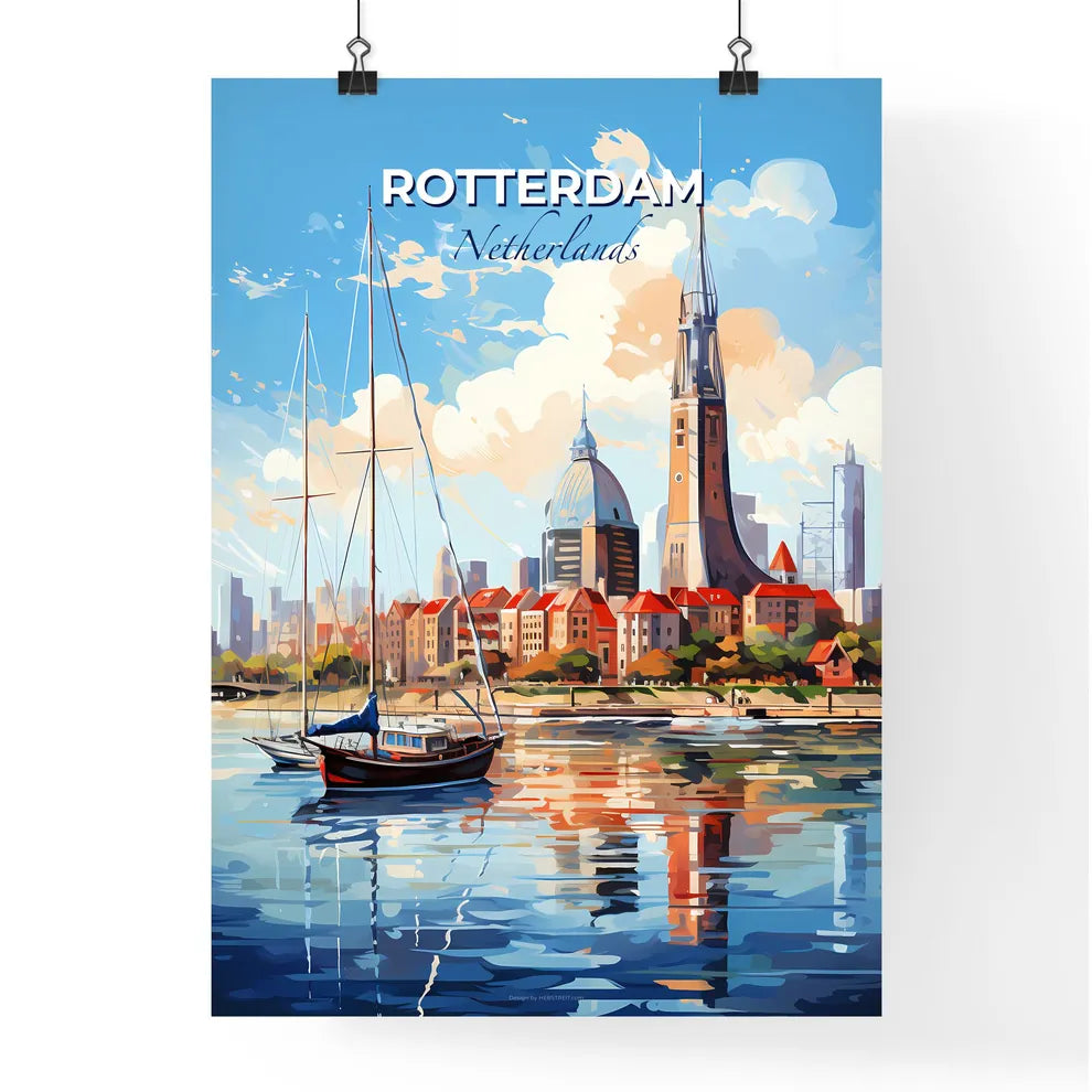 Rotterdam Netherlands Skyline - A Sailboat In A Body Of Water With A City In The Background - Customizable Travel Gift Default Title