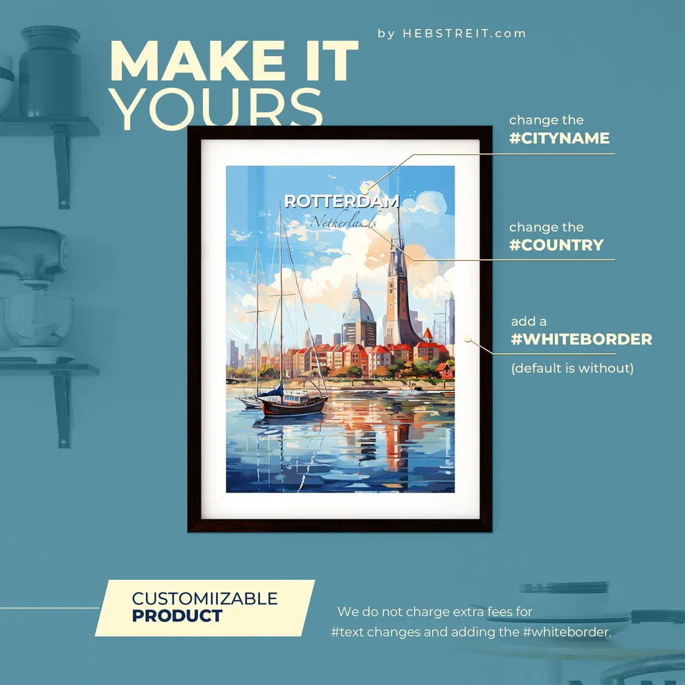 Rotterdam Netherlands Skyline - A Sailboat In A Body Of Water With A City In The Background - Customizable Travel Gift Default Title