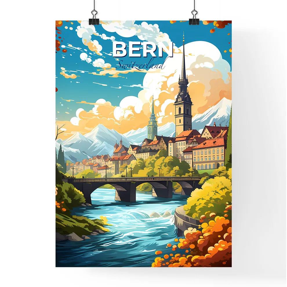Bern Switzerland Skyline - A Bridge Over A River With A City And Mountains - Customizable Travel Gift Default Title