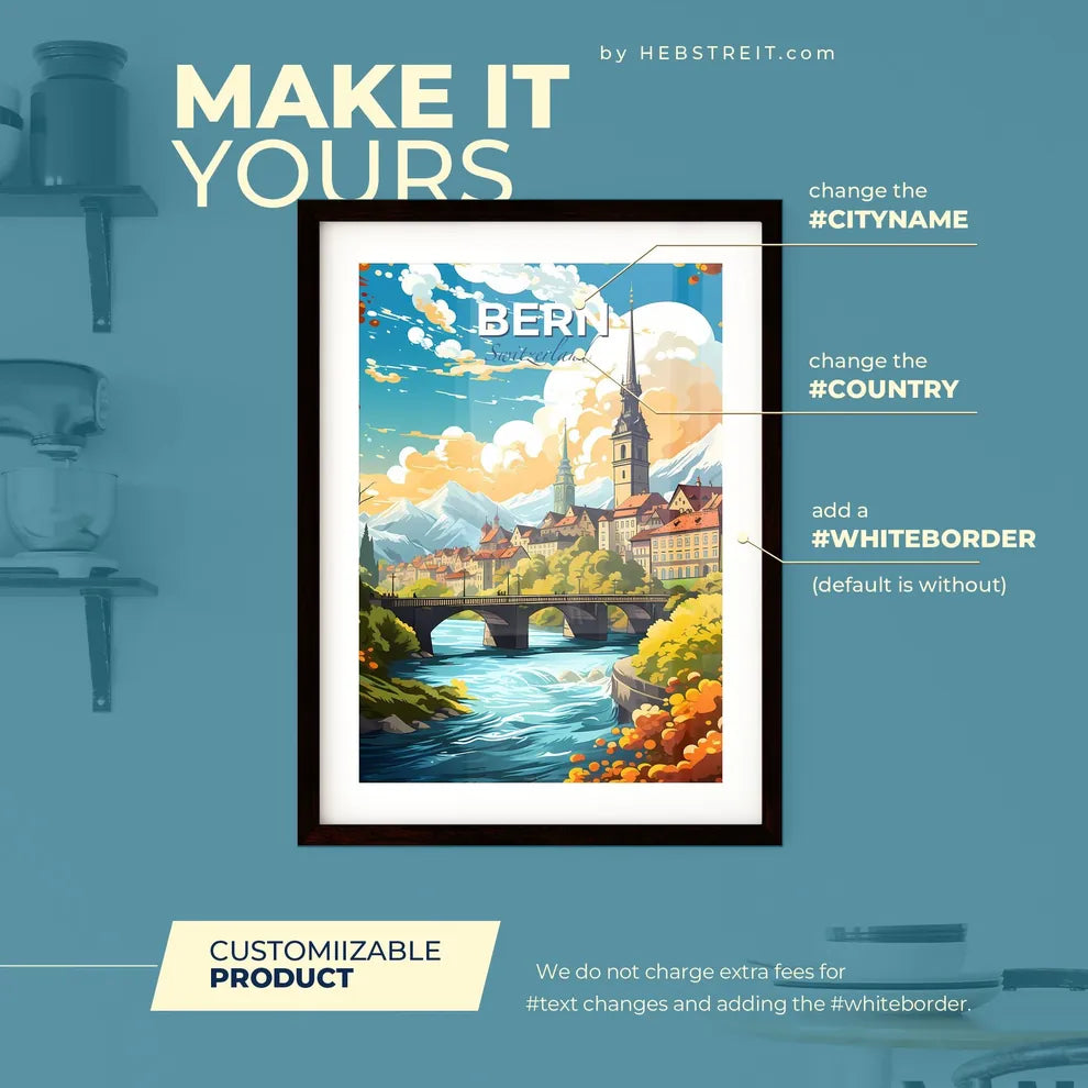 Bern Switzerland Skyline - A Bridge Over A River With A City And Mountains - Customizable Travel Gift Default Title