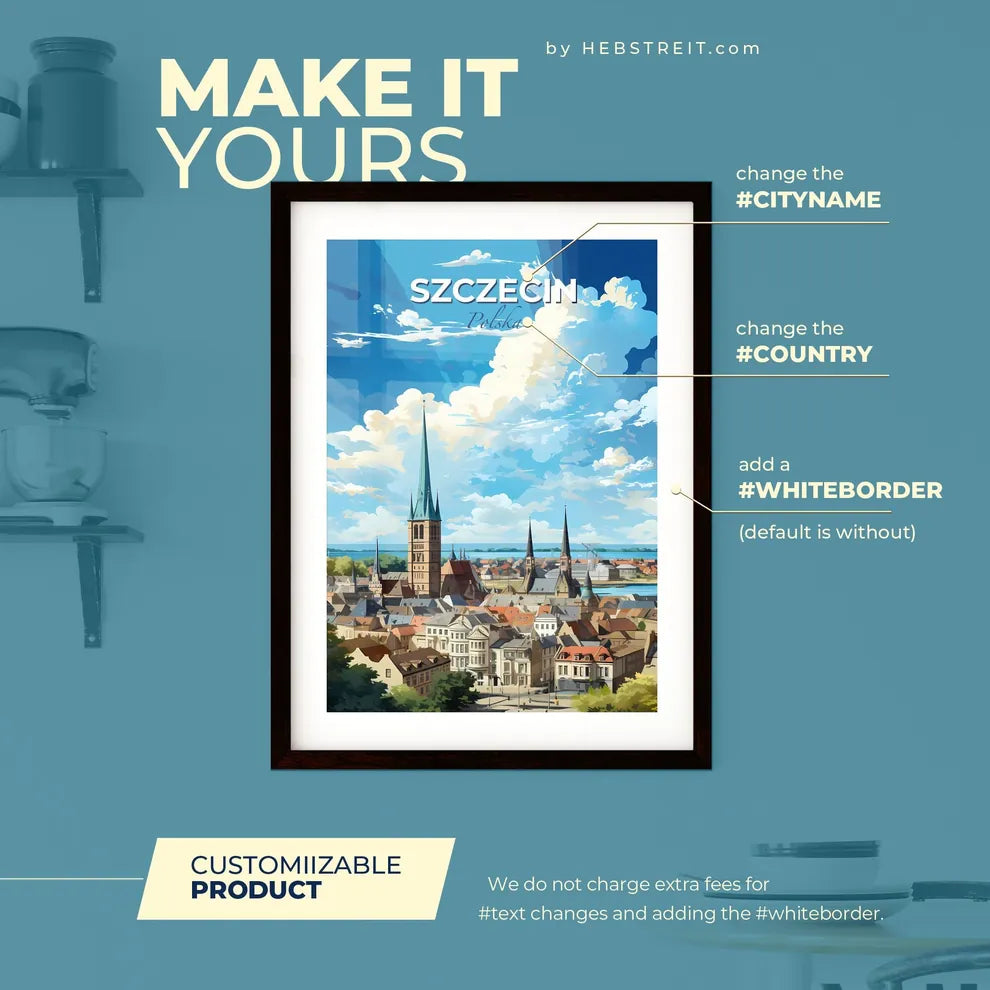 Szczecin Polska Skyline - A City With A Tall Tower And A Body Of Water - Customizable Travel Gift Default Title