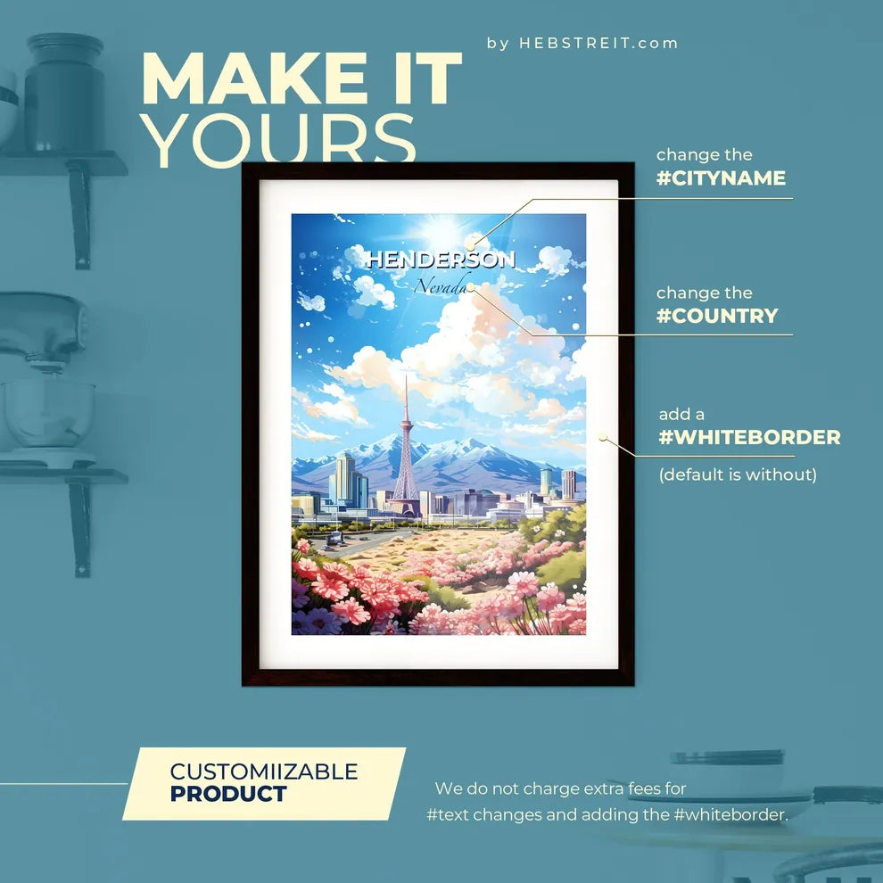 Henderson Nevada Skyline - A City Landscape With Mountains And Flowers - Customizable Travel Gift Default Title