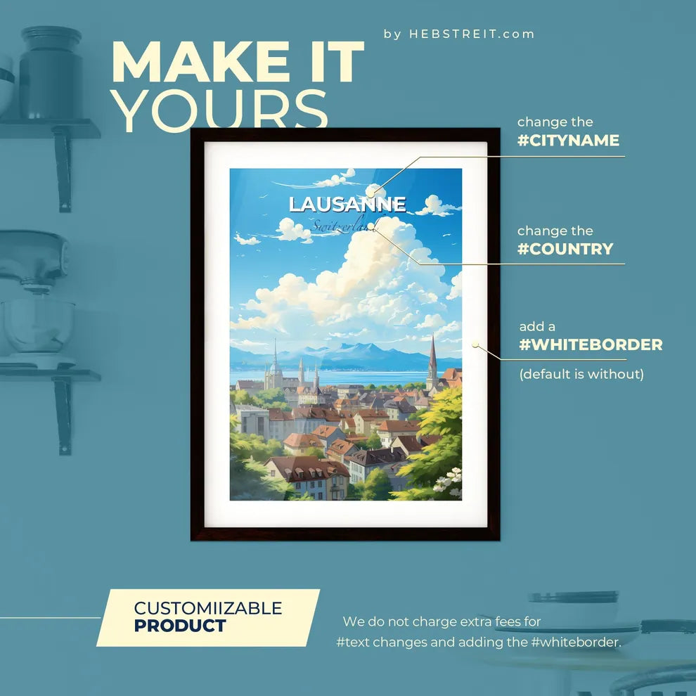 Lausanne Switzerland Skyline - A City With A Lake And Mountains In The Background - Customizable Travel Gift Default Title