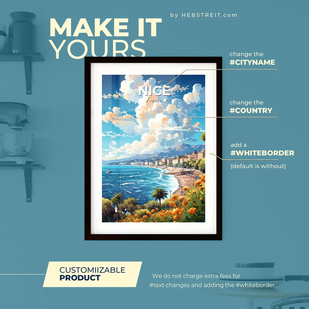 Nice France Skyline - A Beach With A Body Of Water And Buildings - Customizable Travel Gift Default Title