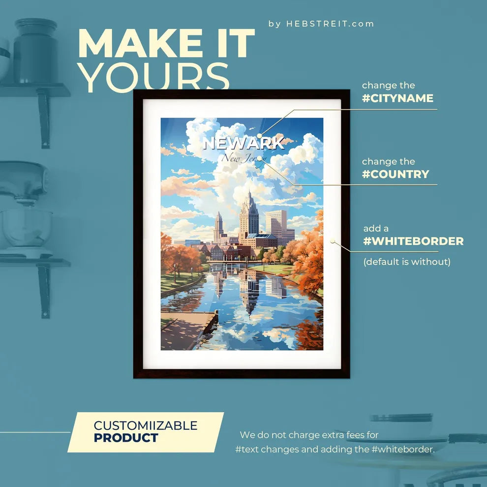 Newark New Jersey Skyline - A Water Body With Trees And Buildings In The Background - Customizable Travel Gift Default Title