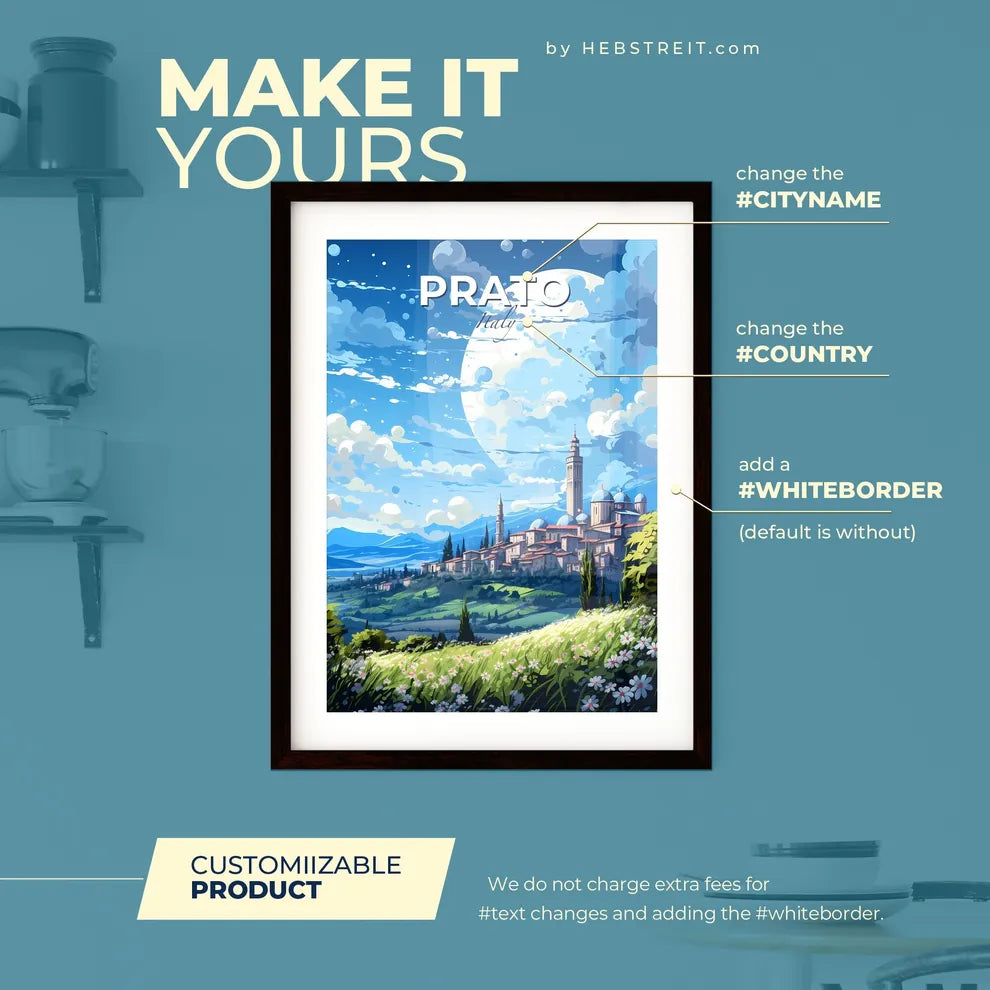 Prato Italy Skyline - A Landscape With A City And A Moon - Customizable Travel Gift Default Title