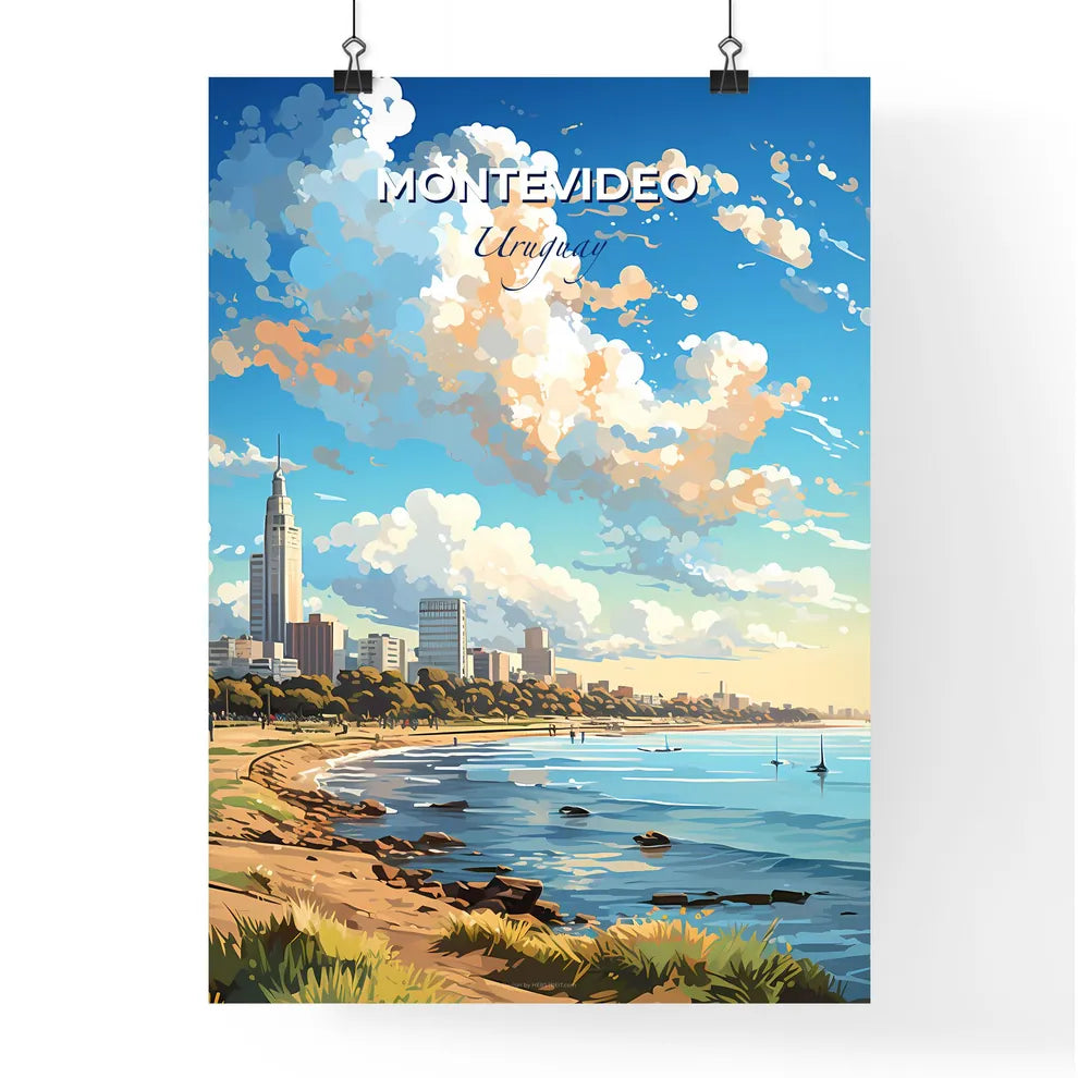 Montevideo Uruguay Skyline - A Beach With A City And Boats In The Water - Customizable Travel Gift Default Title