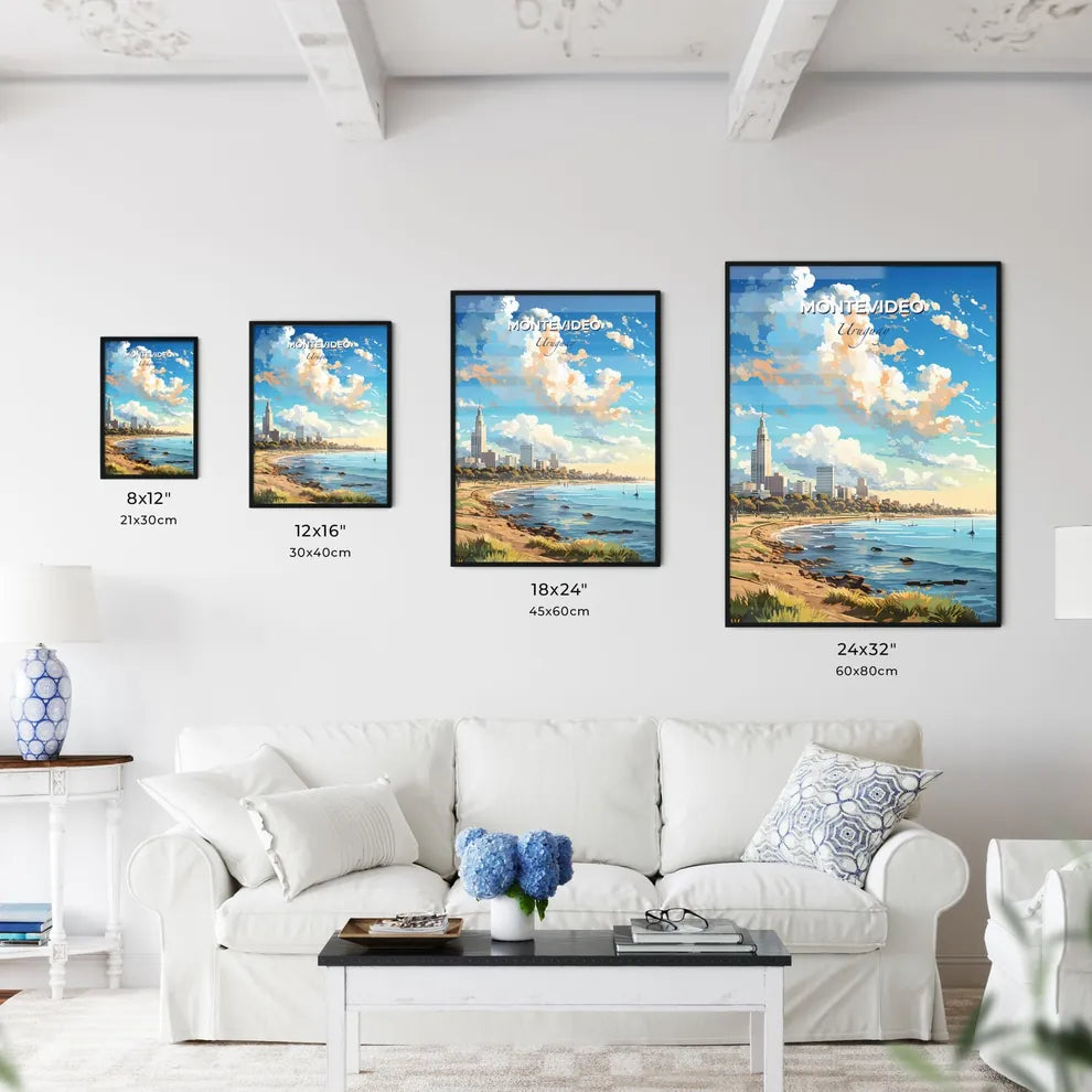 Montevideo Uruguay Skyline - A Beach With A City And Boats In The Water - Customizable Travel Gift Default Title