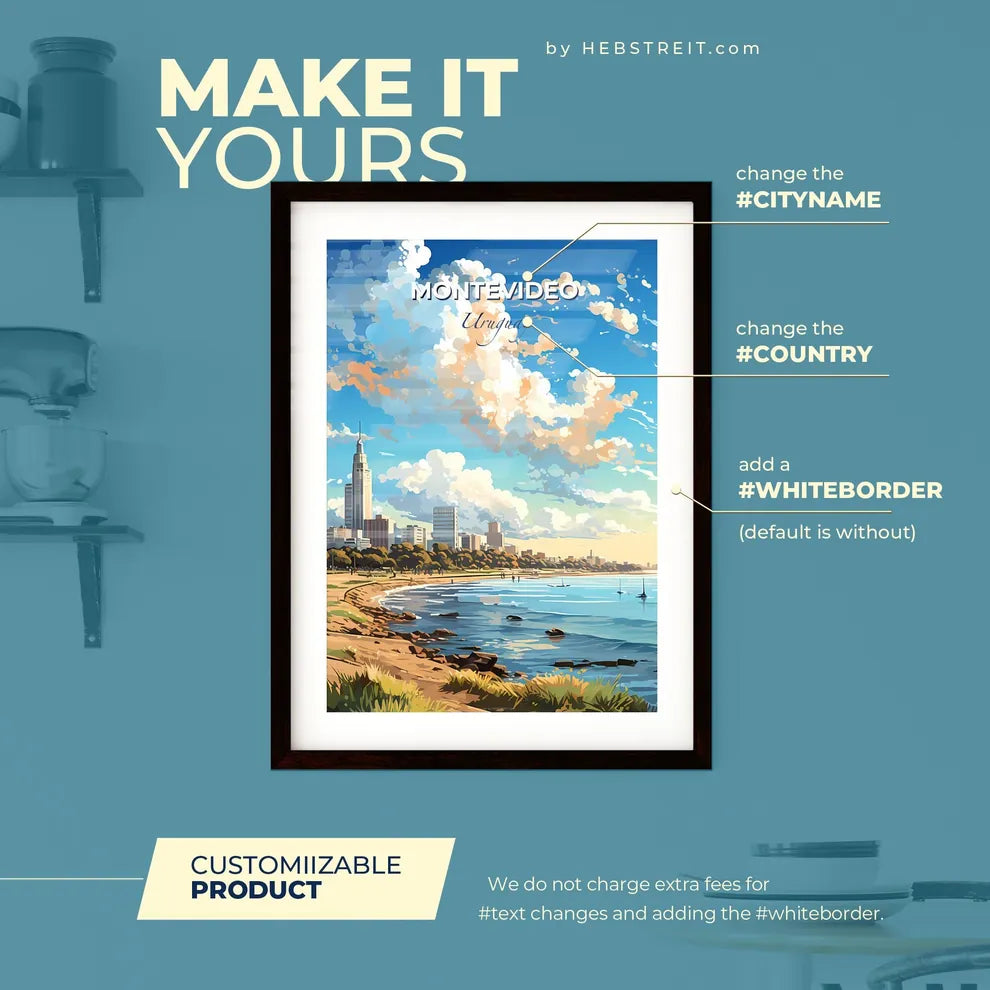 Montevideo Uruguay Skyline - A Beach With A City And Boats In The Water - Customizable Travel Gift Default Title