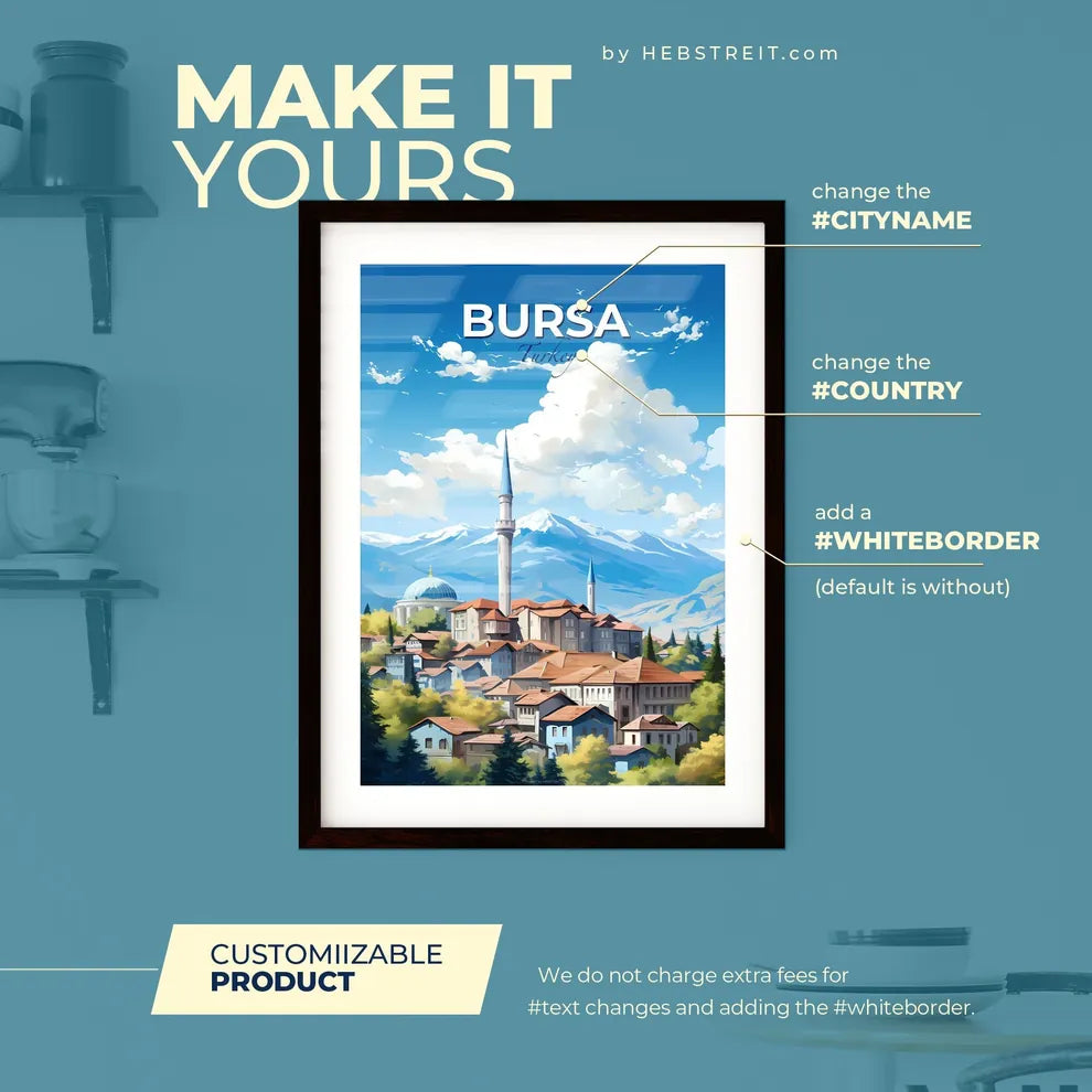 Bursa Turkey Skyline - A City With A Tower And Mountains In The Background - Customizable Travel Gift Default Title