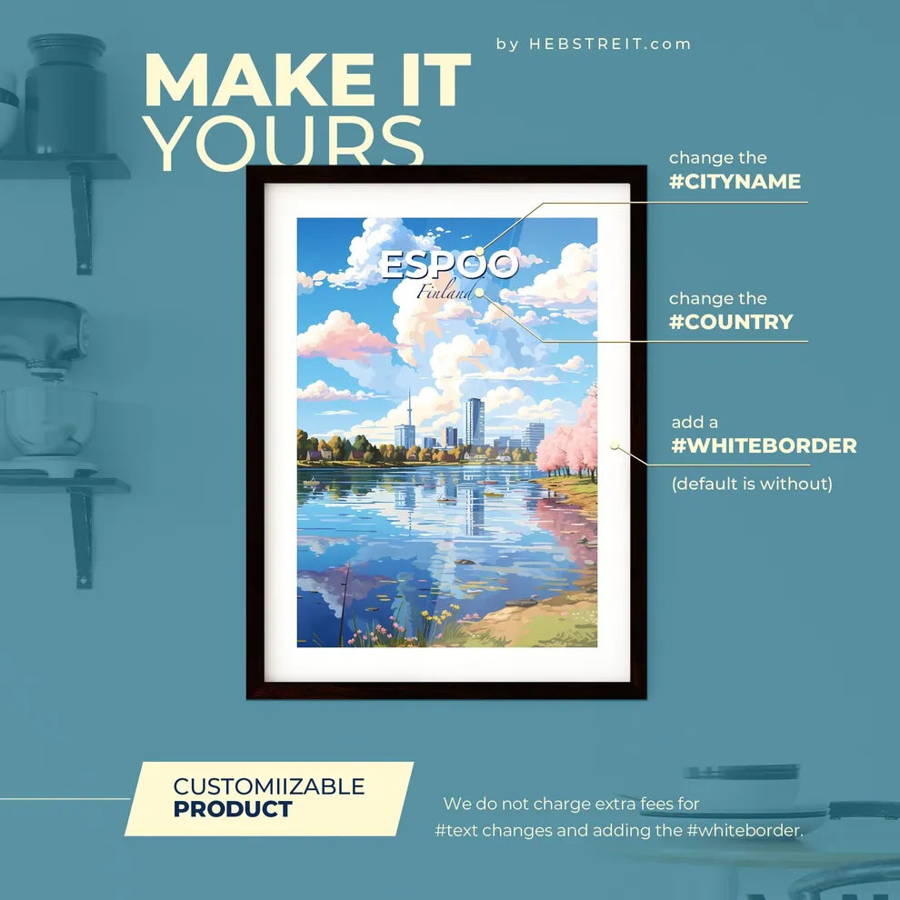 Espoo Finland Skyline - A Water Body With Trees And Buildings In The Background - Customizable Travel Gift Default Title