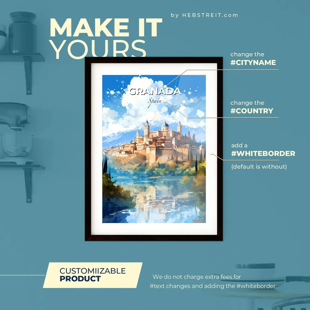 Granada Spain Skyline - A Castle On A Hill With Trees And Water - Customizable Travel Gift Default Title