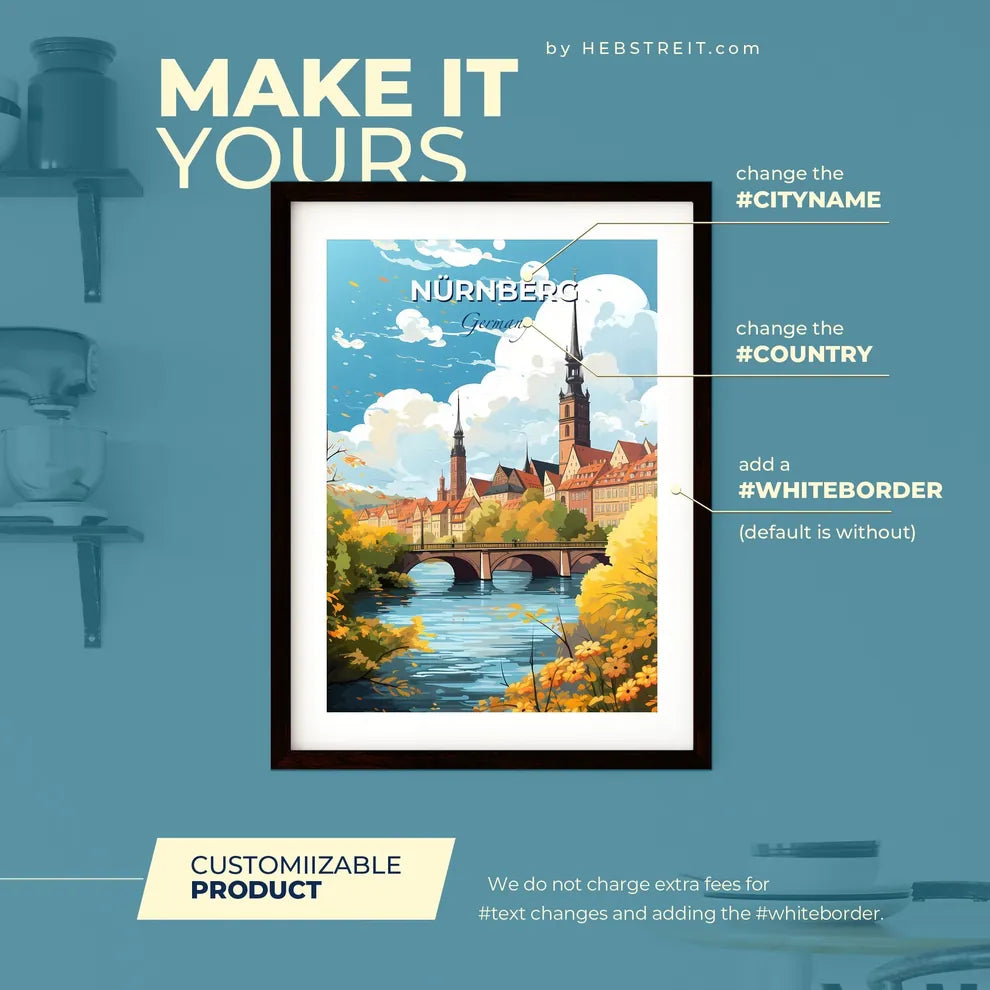 Nurnberg Germany Skyline - A Bridge Over A River With Trees And Buildings - Customizable Travel Gift Default Title