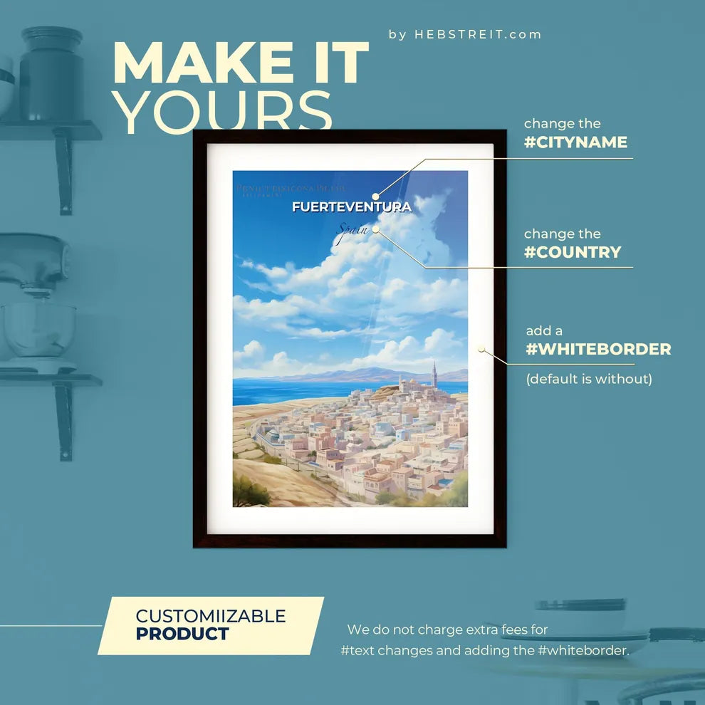 Fuerteventura Spain Skyline - A City On A Hill By The Water - Customizable Travel Gift Default Title