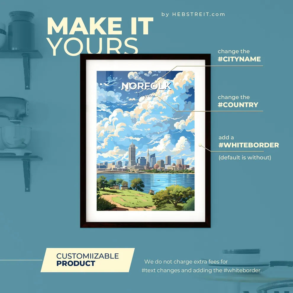 Norfolk Virginia Skyline - A Cityscape With A Body Of Water And Clouds - Customizable Travel Gift Default Title