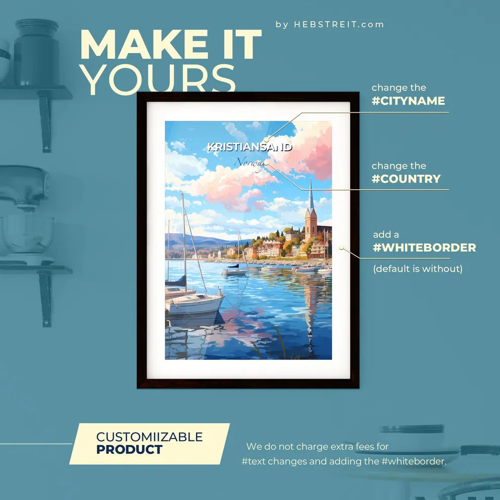 Kristiansand Norway Skyline - A Water With Boats And A Church In The Background - Customizable Travel Gift Default Title