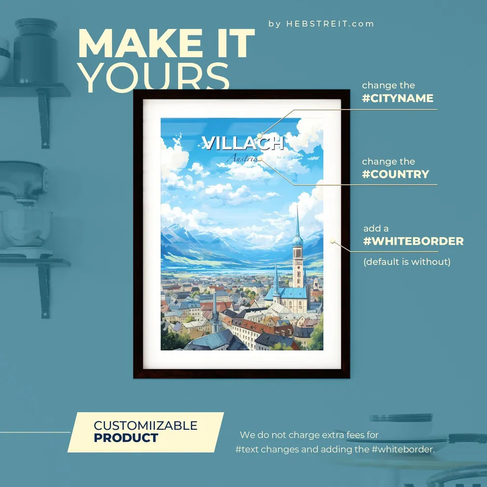 Villach Austria Skyline - A City With A Steeple And Mountains In The Background - Customizable Travel Gift Default Title