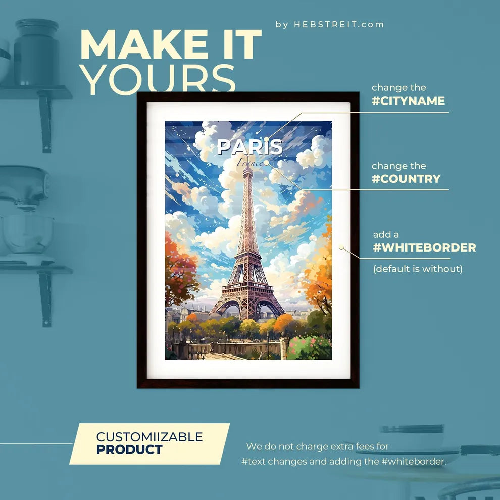 Paris France Skyline - Eiffel Tower With Trees And Clouds In The Sky - Customizable Travel Gift Default Title