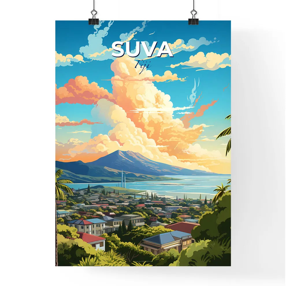 Suva Fiji Skyline - A Landscape Of A Town With Palm Trees And A Mountain In The Background - Customizable Travel Gift Default Title