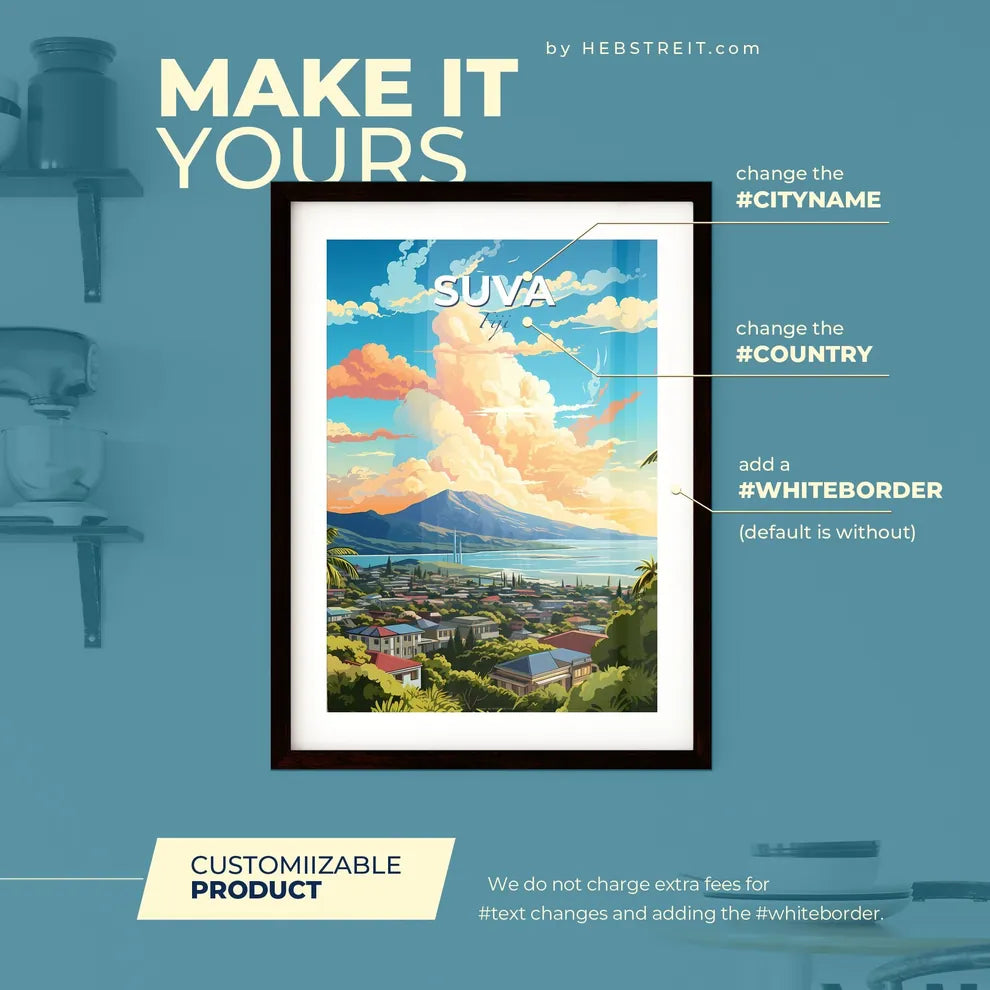 Suva Fiji Skyline - A Landscape Of A Town With Palm Trees And A Mountain In The Background - Customizable Travel Gift Default Title