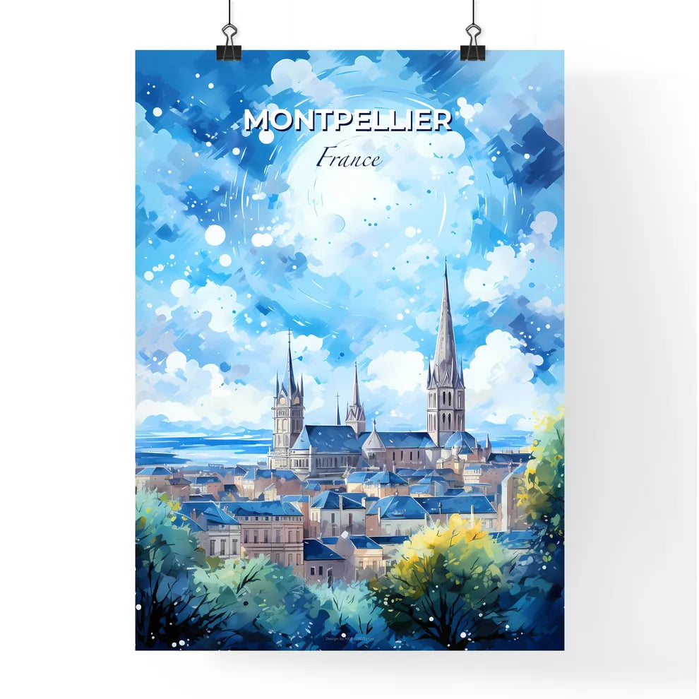 Montpellier France Skyline - A Painting Of A City With A Spire - Customizable Travel Gift Default Title