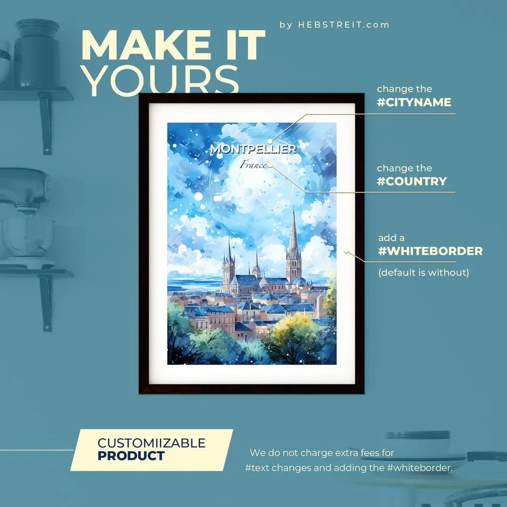 Montpellier France Skyline - A Painting Of A City With A Spire - Customizable Travel Gift Default Title