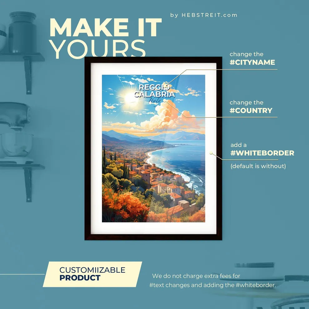 Reggio Calabria Italy Skyline - A Landscape Of A Town On A Hill With A Body Of Water And Mountains - Customizable Travel Gift Default Title