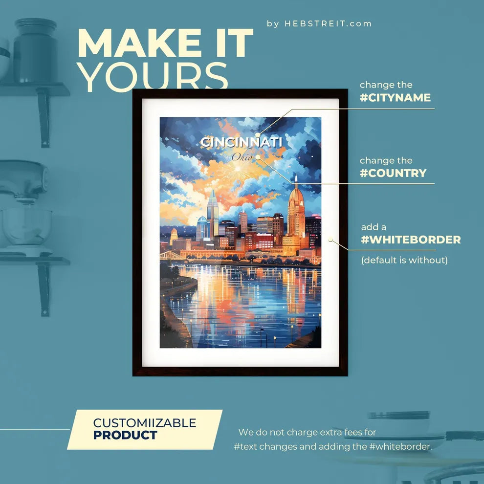 Cincinnati Ohio Skyline - A Cityscape With A Firework In The Sky - Customizable Travel Gift Default Title