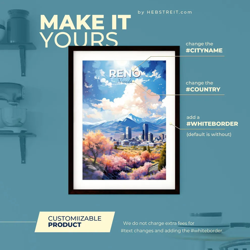 Reno Nevada Skyline - A City With Trees And Mountains In The Background - Customizable Travel Gift Default Title