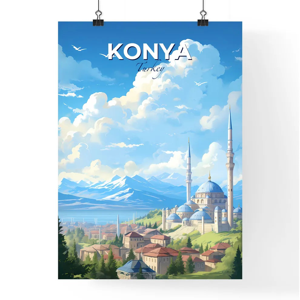 Konya Turkey Skyline - A Landscape Of A City With A Blue Dome Building And Mountains - Customizable Travel Gift Default Title