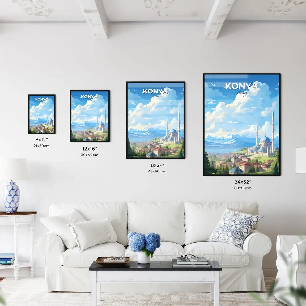 Konya Turkey Skyline - A Landscape Of A City With A Blue Dome Building And Mountains - Customizable Travel Gift Default Title