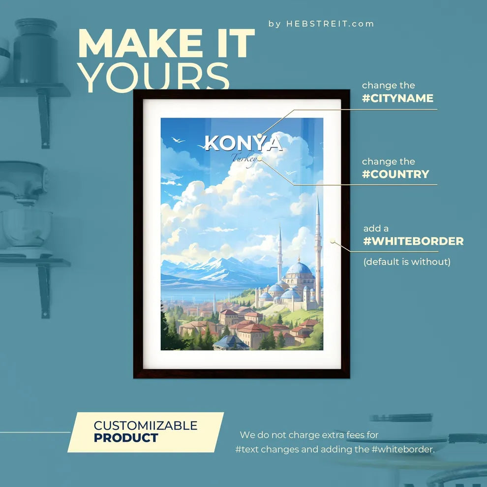 Konya Turkey Skyline - A Landscape Of A City With A Blue Dome Building And Mountains - Customizable Travel Gift Default Title