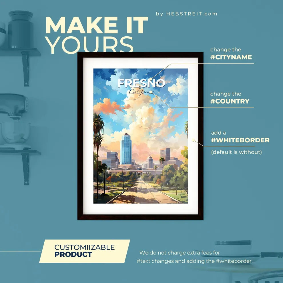 Fresno California Skyline - A City With Tall Buildings And Trees - Customizable Travel Gift Default Title