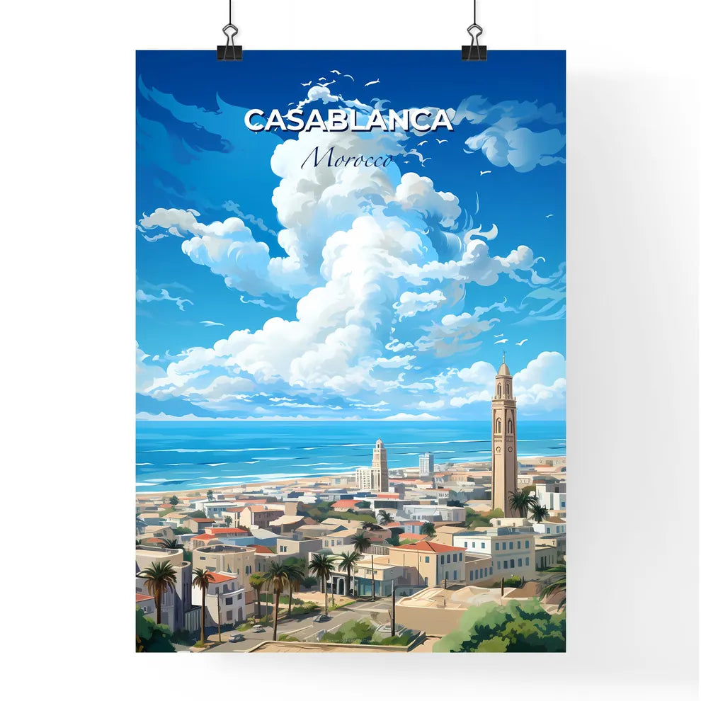 Casablanca Morocco Skyline - A City With A Tower And Palm Trees And A Beach - Customizable Travel Gift Default Title