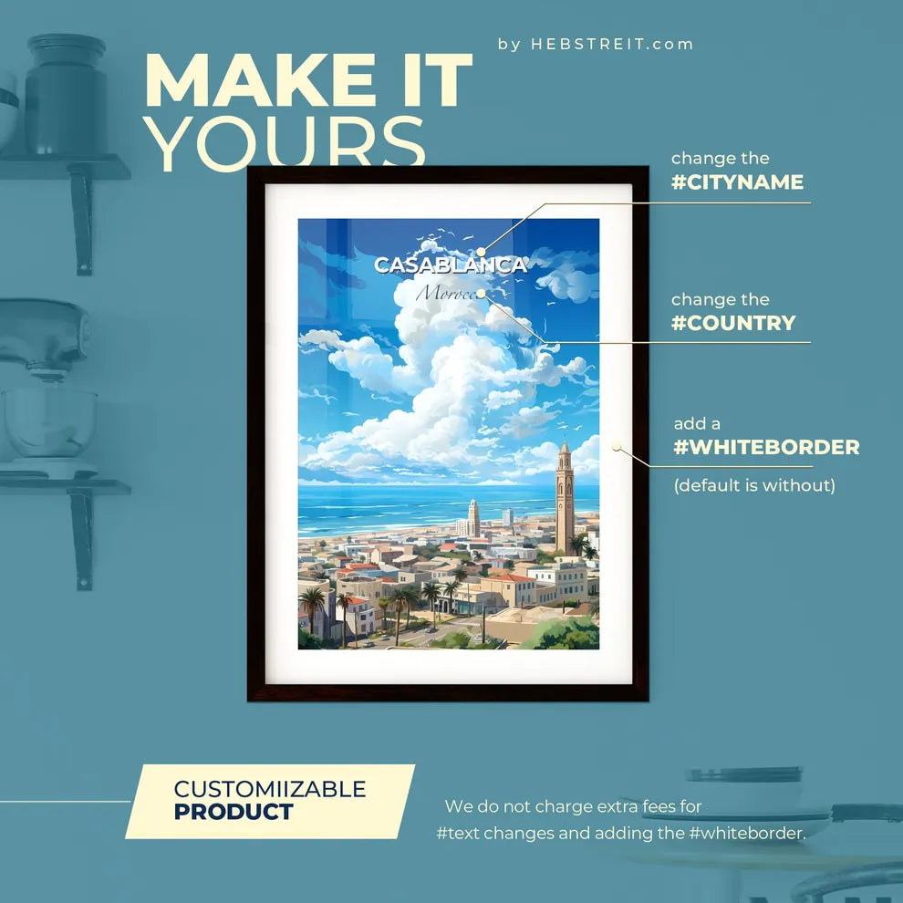 Casablanca Morocco Skyline - A City With A Tower And Palm Trees And A Beach - Customizable Travel Gift Default Title