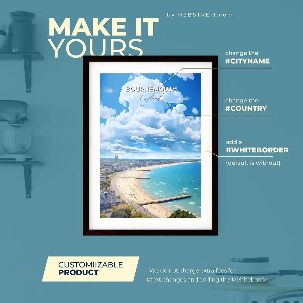 Bournemouth England Skyline - A Beach With Buildings And A Pier - Customizable Travel Gift Default Title