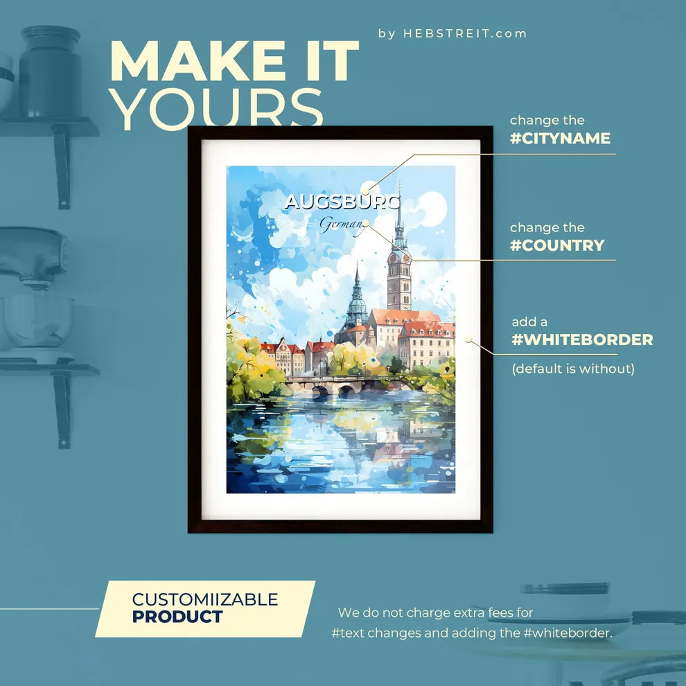 Augsburg Germany Skyline - A Watercolor Painting Of A City With A Bridge And Trees - Customizable Travel Gift Default Title