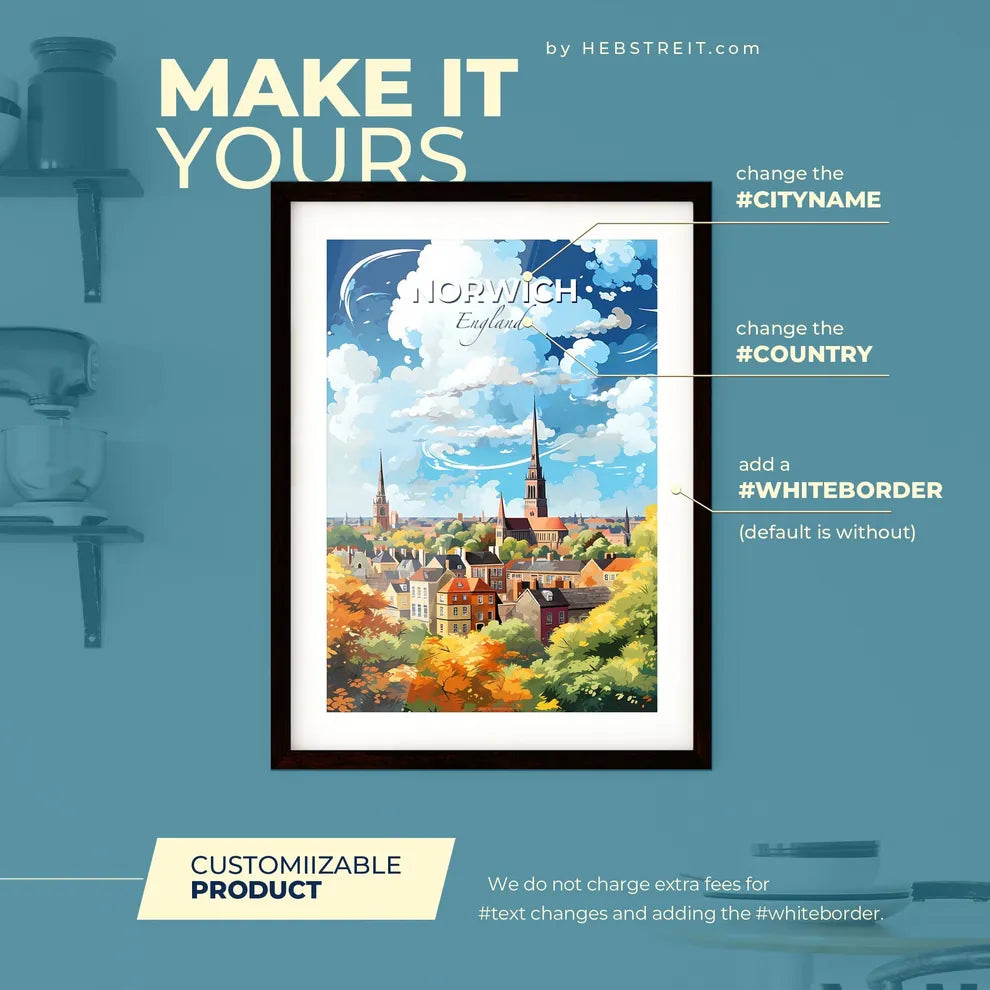 Norwich England Skyline - A City With Trees And Buildings - Customizable Travel Gift Default Title