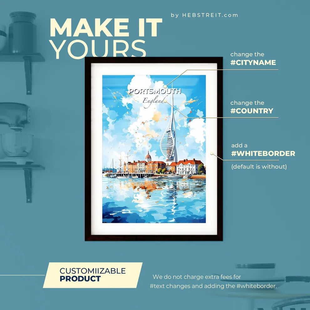 Portsmouth England Skyline - A Watercolor Of A City And A Tall Tower - Customizable Travel Gift Default Title