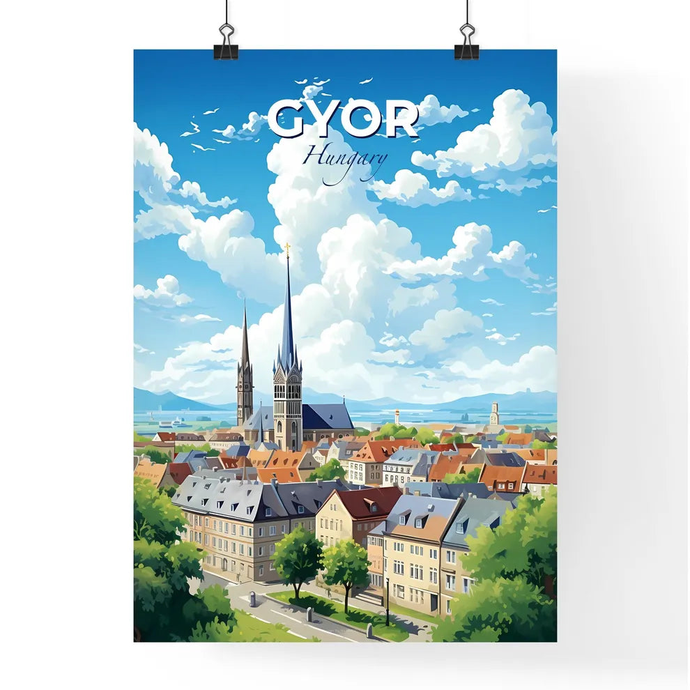 Gyr Hungary Skyline - A City With A Tall Spire And Trees - Customizable Travel Gift Default Title
